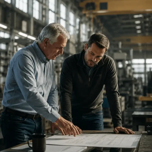 father and son working in the factory